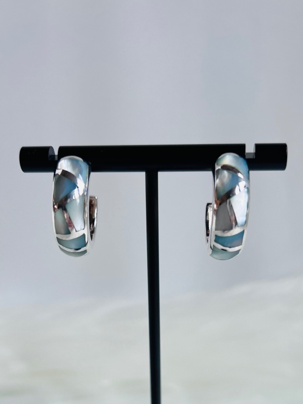 Blue Mother of Pearl 3/4 Hoop Earrings set in 925 Sterling Silver
